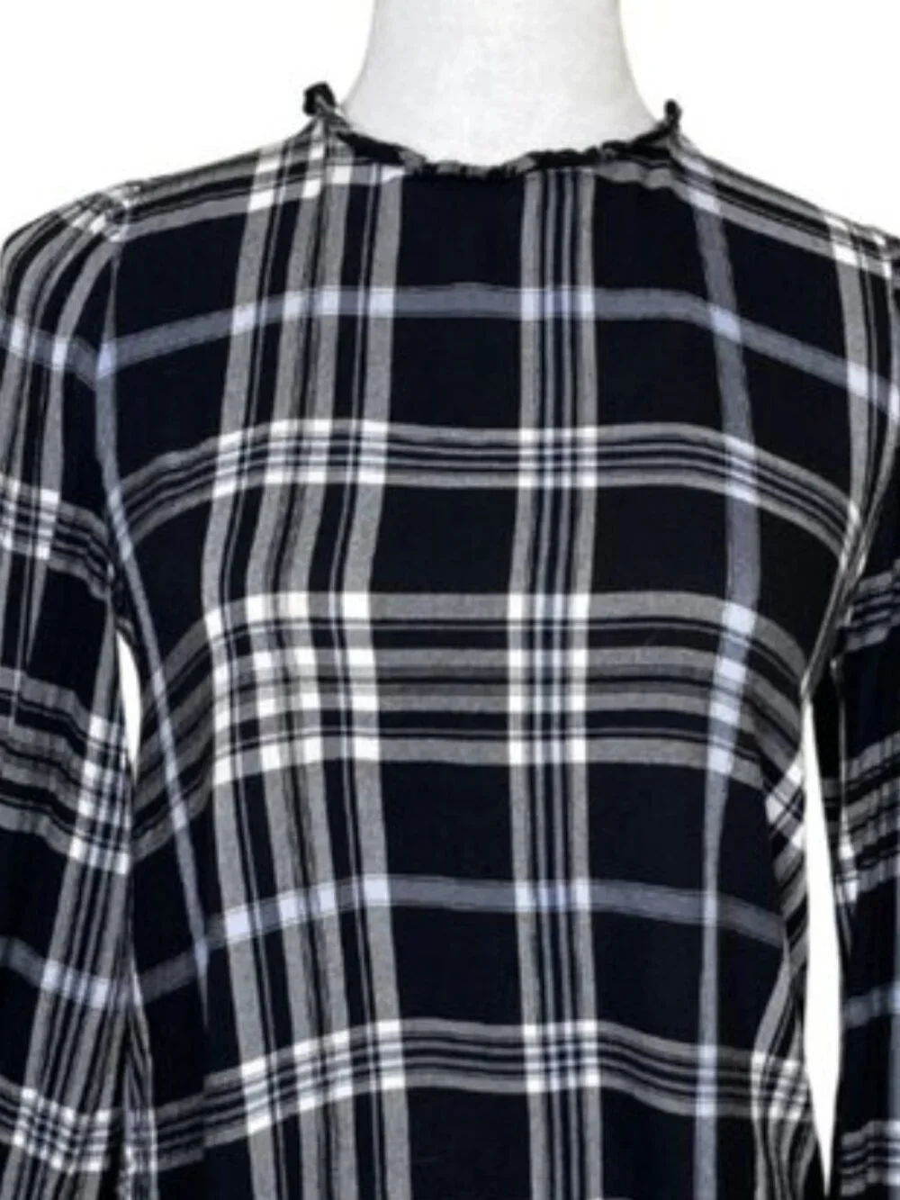 LOFT Dark Academia Plaid Ruffle Neck Tie Back Blouse XS